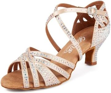 GOKTUR Women's Latin Dance Shoes Rhinestone 2.2" Heel Professional Satin Ballroom Salsa Performance Dancing Shoes (Beige 2.2inch Heels, Adult, Women, 9, Numeric, US Footwear Size System, Medium)