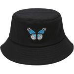 Malaxlx Cute Butterfly Embroidered Black Bucket Hat Beach Sun Hat Casual Fishing Hat for Women Men Teens Girls