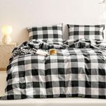 Wake In Cloud - Gingham Cotton Duvet Cover Set, Plaid Buffalo Check Checkered Farmhouse, 100% Washed Cotton Textured Percale Bedding Set, 3 Pieces, Black White, King Size