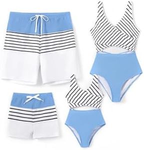 PATPAT Family Matching Swimsuits Cutout One Piece Spliced Monokinis Striped Lines Print Quick Dry Beach Wear Cute Bathing Suits- Blue Stripe Girl 8-9 Years