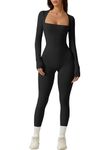 QINSEN Womens Sexy Square Neck Long Sleeve Full Length Leggings Bodycon Stretch Jumpsuit, Black, Large