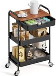 TOOLF 3-Tier Utility Rolling Cart with Wooden Board and Drawer, Metal Storage Cart with Handle, White Trolley Kitchen Organizer Rolling Desk with Locking Wheels for Office, Classroom, Home, Bedroom