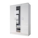 ELEGANT 3 Door Mirrored Wardrobes with Hanging Rail and Storage Shelves Modern Large Clothes Cabinet for Bedroom Furniture, High Gloss White