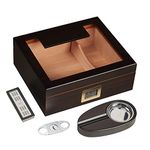 Woodronic Handmade Cigar Humidor with Digital Hygrometer for 35 to 50 Counts, Glass Top Spanish Cedar Lined Cigar Box Set with Humidifier Cutter Ashtray and Cedar Divider, Great Gift for Father