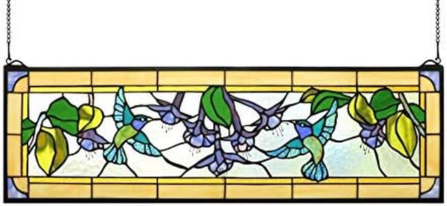 Yogoart Tiffany Style Stained Glass Hummingbirds Fuchsia Horizontal Art Glass Panel 10" x 32"