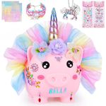 MHJY Piggy Bank for Kids Unicorn Money Box Girls Unbreakable Resin Child Saving Bank Cute Large Coin Banks with Necklace Bracelet DIY Stickers Birthday Set