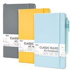 feela A5 Notebooks Multipack, 3 Pack Ruled Lined Notepads A5 (120 GSM), Hardback Journal Notebook with 3 Black Gel Pens, 128 Pages/Pack, 21 x 13cm, Solid Colours, Grey, Yellow, Light Blue