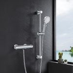 kisimixer Thermostatic Shower Mixer Bar with Shower Riser Kit, Wall Mounted Exposed Thermostatic Shower Set Include 5 Modes Shower Head Height Adjustable, Shower Rail 60cm, Shower Hose 1.5m, Chrome