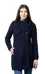 SAOL Traditional Irish 100% Merino Wool Ladies Classic Cable Cardigan Coat (Navy, Medium)