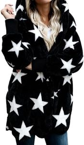 Women Hooded Cardigan Fuzzy Jacket Winter Open Front Fleece Coat Outwear with Pockets Blackstar XL