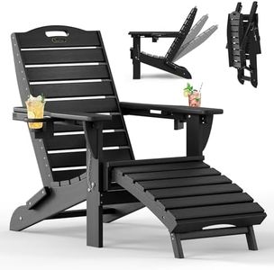 SUUNYN Folding Adirondack Chair with Retractable Ottoman Weather Resistant Fire Pit Chair Patio Chair with 2 Cup Holder Lawn Outdoor Lounge Chair (Black)
