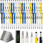 Yeaqee 80 Pieces Multi Tool Pen Gifts for Christmas 6 in 1 Screwdriver Pen Bulk for Men Dad Multi Function Pen with Ruler, Level Gauge, Ballpoint Pen for Father's Day, 80 Pcs Black Ink Refills