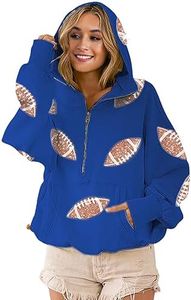 Xunger Women's Football Sequin Hoodie Half Zip Long Sleeve Rugby Patches Game Day Hooded Sweatshirt(0888-Blue-L-RD)