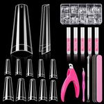 Clear Nail Tips Set, MORGLES 500 Pcs Fake Nails With Glue Acrylic Nail TipsNail Tips for Acrylic Extensions Coffin Nail Tips with Nail Clipper Files and Glues,Cuticle Pusher and Fork