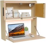 ARTETHYS Wall Mounted Desk with LED Light Multifunctional Fold Down Laptop Computer Table Writing Workstation with Storage Compartments Space Saving for Home Office Wood Color