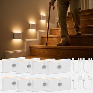 wowatt Rechargeable Motion Sensor Stair Light, Whtie Automatic Lights with Magnetic Mount, Dimmable Step Lights Indoor for Stairway, Hallway, Kitchen, Bathroom(8 Packs)