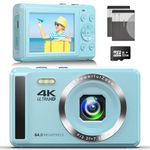 Digital Camera 4K FHD Vlogging Camera, 64MP Autofocus Compact Camera with 16X Digital Zoom, Rechargeable 2.4” Mini Kids Camera with 32GB Memory Card,2 Batteries for Beginners Students Teenagers