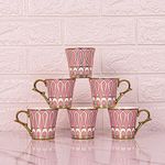 Femora Dropped U Scale Pattern Pattern Golden Tea Mugs, Ceramic Tea Cups, Coffee Mugs (160 ml, Pink) - 6 Pcs Set (NOT Microwave Safe)