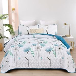 Dinjoy Floral Quilt Set Queen Size,Teal Bedspread Coverlet Botanical 3 Pieces Summer Quilts Microfiber Lightweight Blue Bedspreads White Soft Reversible Cute Bed Cover Sets for Summer (96"x90")