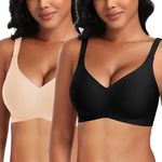 DOCUMO 2 Packs Seamless Bras for Women No Underwire Comfort Push Up Wireless Bra Support and Lift V Neck Bralettes with Bra Extender(Black+Nude,Large)