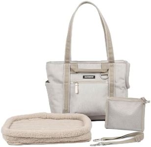 Cleverpup Transit Tote Dog Carrier for Small Dogs Under 8 lbs, 16x11x8 Soft-Sided 4-Pc Set with Waterproof Base, Plush Insert, Food Pouch, Mesh Head Opening - Small, Sand