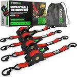 Rhino USA Retractable Ratchet Tie Down Straps (4PK) - 540kg Guaranteed Max Break Strength, Includes (4) Ultimate 2.5 cm x 3 m Autoretract Tie Downs with Padded Handles - Red