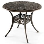 COSTWAY Garden Dining Table, Cast Aluminum Patio Bistro Table with Umbrella Hole, All-Weather Outdoor Conversation Side Table for Balcony, Backyard and Poolside, Antique Bronze (Round-90 x 90cm)