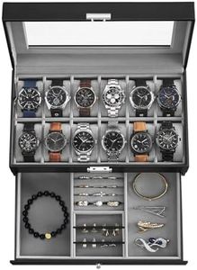 LIAN Watch Box 12-Slot Watch Box jewelry box organizer for men 2 Layers with 1 Drawer for Rings, glasses,jewelry,Necklace Black Perfect Birthday Gifts