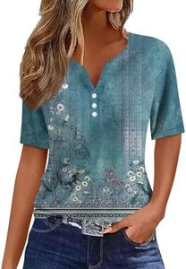Summer Tops for Women 2025 Plus Size Party Short Sleeve Button Down Henley V Neck T Shirts Floral Print Summer Fashion Outfits 2025 Tunic Tops Yellow M