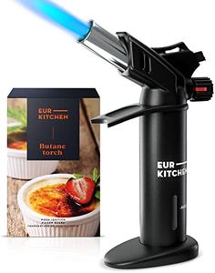 EurKitchen Premium Culinary Butane Torch with Gauge, Safety Lock, Adjustable Flame, Guard- Refillable Cooking Torch Lighter for Creme Brulee, BBQ, Baking, Soldering, Crafts- Butane Gas Not Included