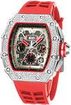 FANMIS Mens Bling Punk Diamond Chronograph Watches Fashion Style Silicone Band Sports Wrist Watch, Red Silver, Chronograph