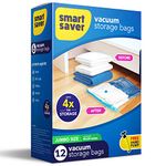 Smart Saver Space Saving Organizer For Home - 12 Vacuum Storage Bags Jumbo(70X100) Cm Reusable Ziplock Space Saver Bags For Clothes Comforters Blankets Pillows Bedding Packing, Plastic, White