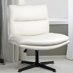 LEMBERI PU Leather armless Office Desk Chair no Wheels,Criss Cross Legged Home Chair, Wide Padded Swivel Vanity Chair,120°Rocking Mid Back Ergonomic Computer Task for Make Up,Small Space, White