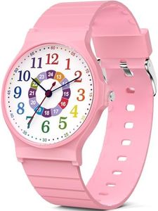 TENOCK Kids Analog Watch Boys Girls, 30M Waterproof, Sports Watch with Thin Dial & Soft Band, Easy to Read for Ages 5-15, Great Birthday Christmas Gifts for Kids (Pink-Colorful Dial)