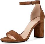 Fericzot Heels for Women Open Toe Ankle Strap Chunky High Heel Pumps Party Wedding Shoes Strappy Buckle Sandals 3.35 Inches, Brown-suede, 11