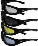 MF Eyewear 4 Pairs: Padded Motorcycle Riding Glasses - Day Night Smoke Clear Yellow Blue Shatterproof Lenses Glossy Black Frame Scratch Resistant for Men or Women