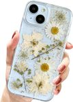 AMART for iPhone 13/ iPhone 14/ iPhone 15 Case Flowers, Clear with Pressed Dried Flower Cute Glitter Design Women Girls Floral Aesthetic Soft TPU Phone Cover for iPhone 15/14/13(Gold Flower)