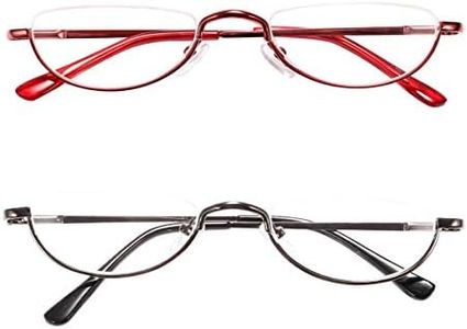 REAVEE 2 Pack Retro Designer Half Moon Reading Glasses Women Men Spring Hinge Half Frame Readers Stylish Slim Eyeglasses with Pouch,Red and Gun Grey 2.5