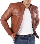 Jild Signature Diamond Style Café Racer Lambskin Leather Jacket Men - Men's Casual Real Leather Quilted Style Motorcycle Jacket (DM-Tan-M)