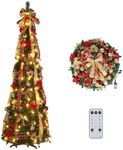 VINGLI 6ft Pre lit Pop Up Christmas Tree with Lights, Pre-Decorated Artificial Pencil Xmas Tree Collapsible Christmas Tree Holiday Party Decorations (Red&Gold)