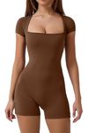 Jhsnjnr Women's Short Romper Jumpsuits Tummy Control Shapewear Square Neck Short Sleeve Bodysuit Brown Large