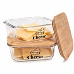 Punorric 2 Pack Cheese Storage for Fridge - Airtight Storage Box, 1.2L Glass Cheese Container with Bamboo Lid, Stackable Fridge Containers, Transparent Glass Jar for Butter/Meats/Fruit/Nut