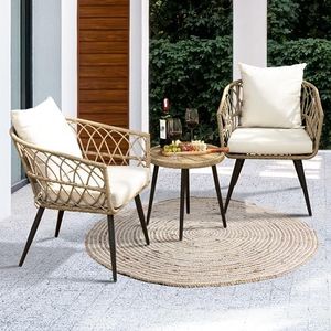 Idzo Pierre 3 Piece Modern Rattan Boho Patio Furniture, Upgraded 2000 Hours UV Resistant Bistro Set with Premium Olefin Fabric Soft Cushions, Metal Wicker Design