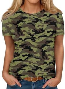 Generic Women's T-Shirts Crew Neck Shirt for Women Fashion Camouflage Printed Tops 2024 Summer Plus Size Loose Round Neck Short Sleeve Shirt Tee Tops for Women 2024 Dark Green XL