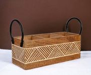 Craftize Mstore "Wooden Cutlery Stand Holder Organizer - Medium 3 Compartment, 11x4x4 Inches - Kitchen Rack with Iron Handle - Stylish Lining Design - Wooden Spoon Holder, Fork and Knife Organizer