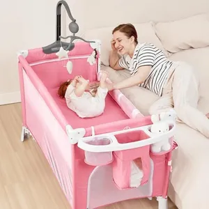 ANGELBLISS 5 in 1 Baby Bassinet Bedside Crib, Rocking Bassinet with Diaper Changer, Pack and Play Bassinet, Folding Playpen Portable Playard with Hanging Toys, Sheet& Mattress