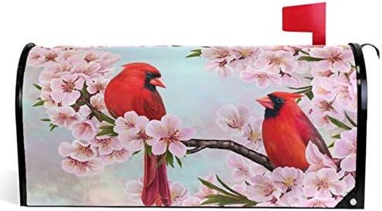 Wamika Spring Flowers Birds Mailbox Covers Magnetic Summer Sakura Red Cardinal Mailbox Cover Oversized 25.5" X 21" Mailbox Wraps Post Letter Box Cover Home Garden Decorations