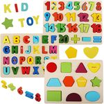 LENNYSTONE Wooden Puzzles for Toddlers, Wooden Alphabet ABC Numbers Shapes Puzzles Boards Early Educational Learning Toys for Kids Age 3 4 5 6 7 Years Old, Chunky Letters Jigsaw Puzzle