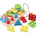 Kidology Kids Wooden Stacking Toys, Shape Sorting Board & Wooden Toddler Fishing Toys, Shape Color Recognition Blocks Matching Puzzle Preschool Learning Toys for Kids Boys & Girls