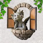 Hxeilzge Courtyard Dragon Sculpture Wall Decoration,Lovely Resin Garden Dragon Statue,Little Dragon Meditating in Front of The Window Art Figurines Decor Ornaments for Patio Yard (Multi)